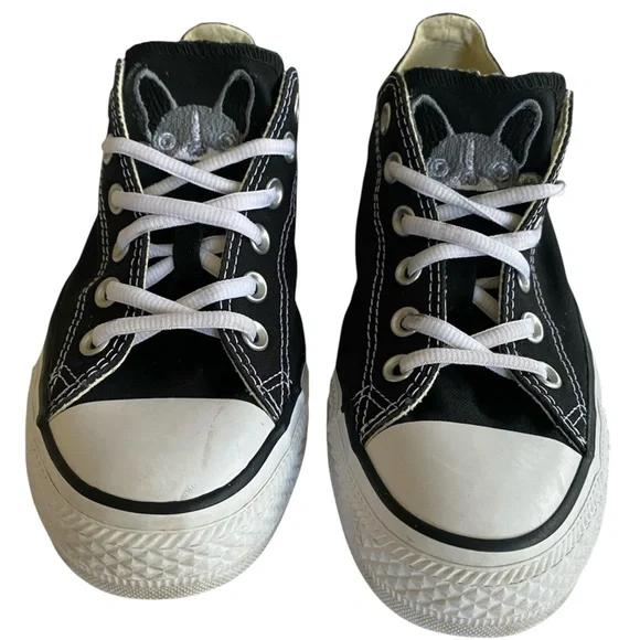 Converse Sneakers Women’s 9 Men’s 7 Black Custom French Bulldog Embroidery - Picture 11 of 14